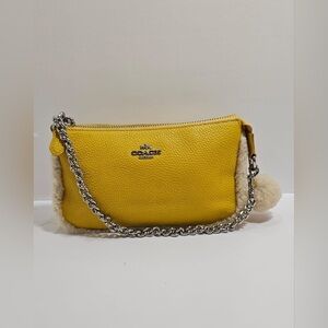 NWT Coach Yellow Pebbled Leather Mini Wristlet with Shearling Accents